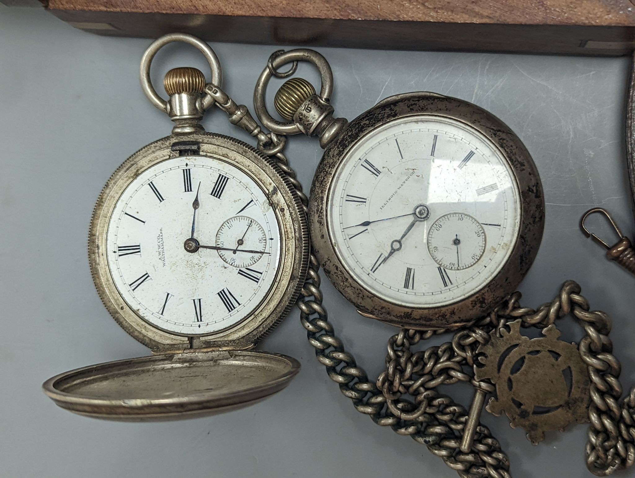 Two assorted pocket watches including sterling, a pocket watch movement by G.E. Frodsham, a masonic jewel and a cased brass Stanley compass.